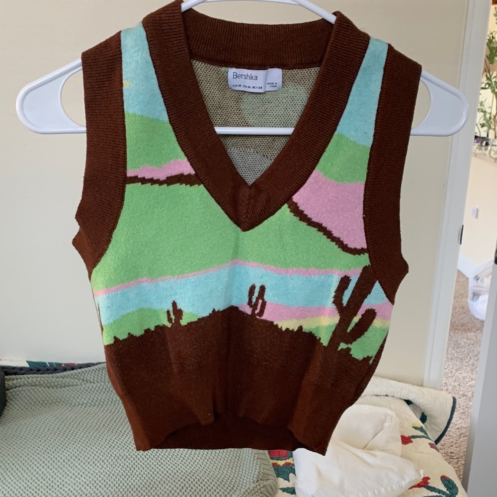 Bershka Brown and Multicolor V-Neck Sweater Vest
